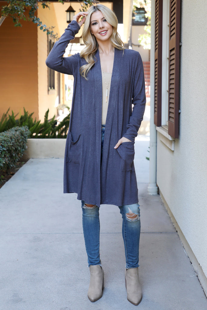 Solid Long Sleeve Open Front Cardigan