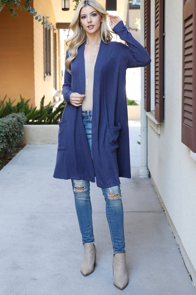 Solid Long Sleeve Open Front Cardigan