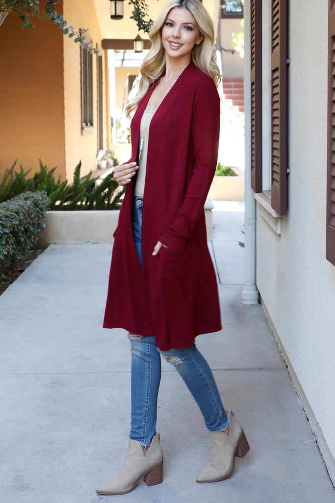 Solid Long Sleeve Open Front Cardigan