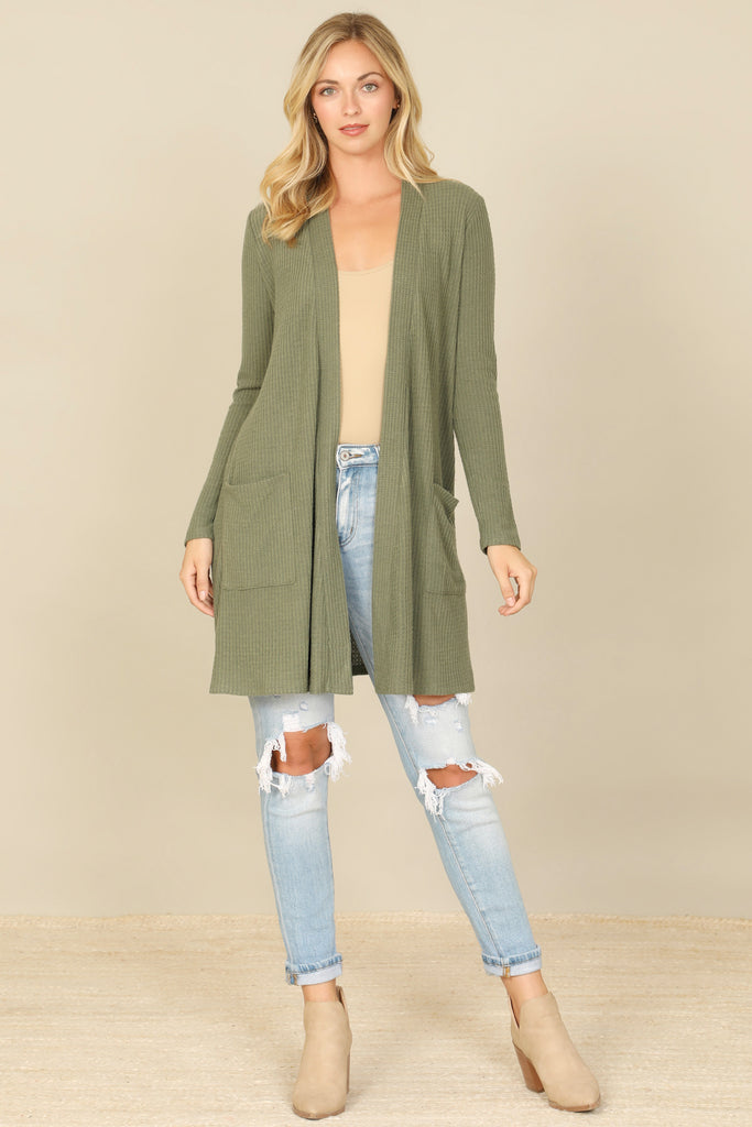 BRUSHED WAFFLE LONG SLEEVE SIDE POCKET OPEN FRONT CARDIGAN