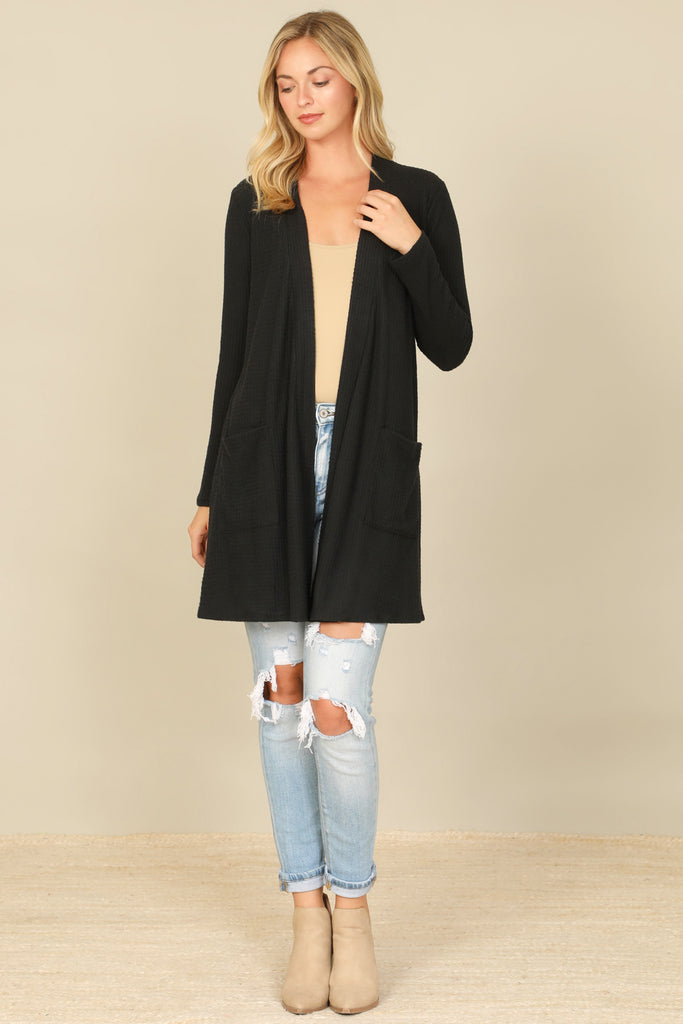 BRUSHED WAFFLE LONG SLEEVE SIDE POCKET OPEN FRONT CARDIGAN