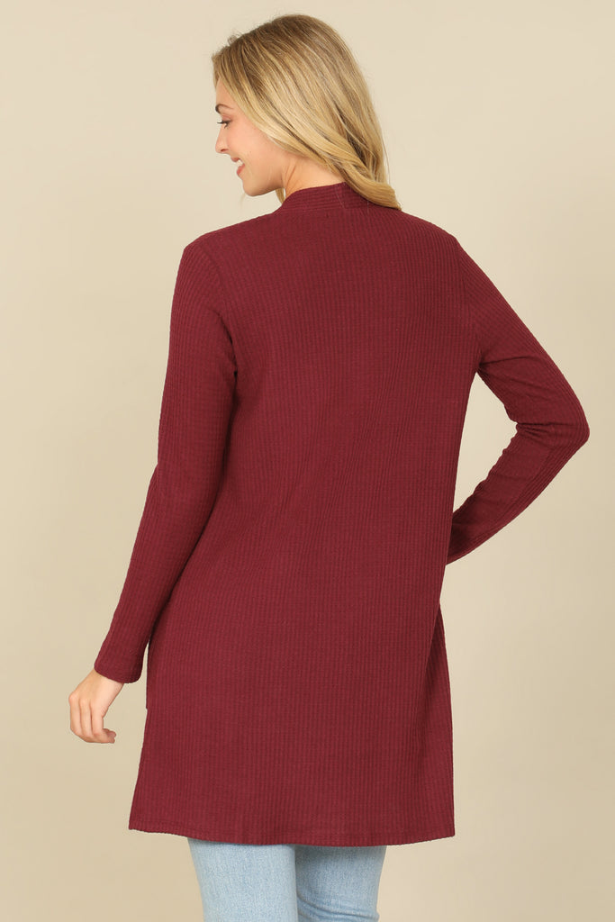 BRUSHED WAFFLE LONG SLEEVE SIDE POCKET OPEN FRONT CARDIGAN
