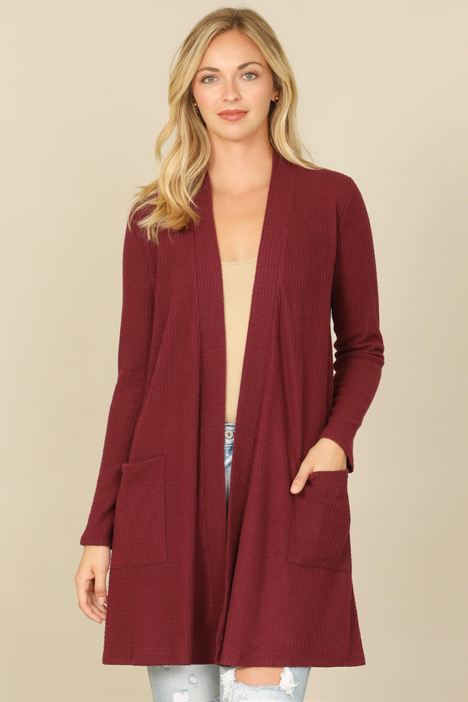 BRUSHED WAFFLE LONG SLEEVE SIDE POCKET OPEN FRONT CARDIGAN