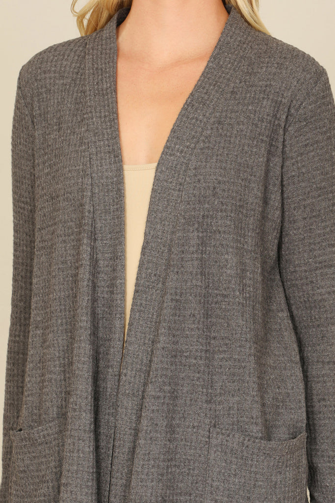 BRUSHED WAFFLE LONG SLEEVE SIDE POCKET OPEN FRONT CARDIGAN