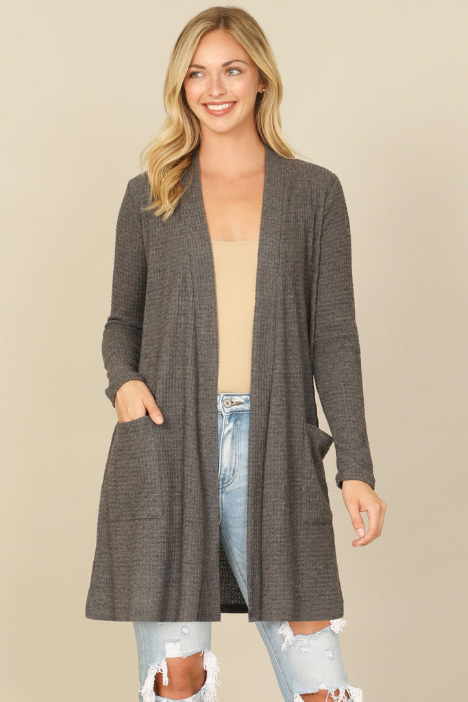 BRUSHED WAFFLE LONG SLEEVE SIDE POCKET OPEN FRONT CARDIGAN