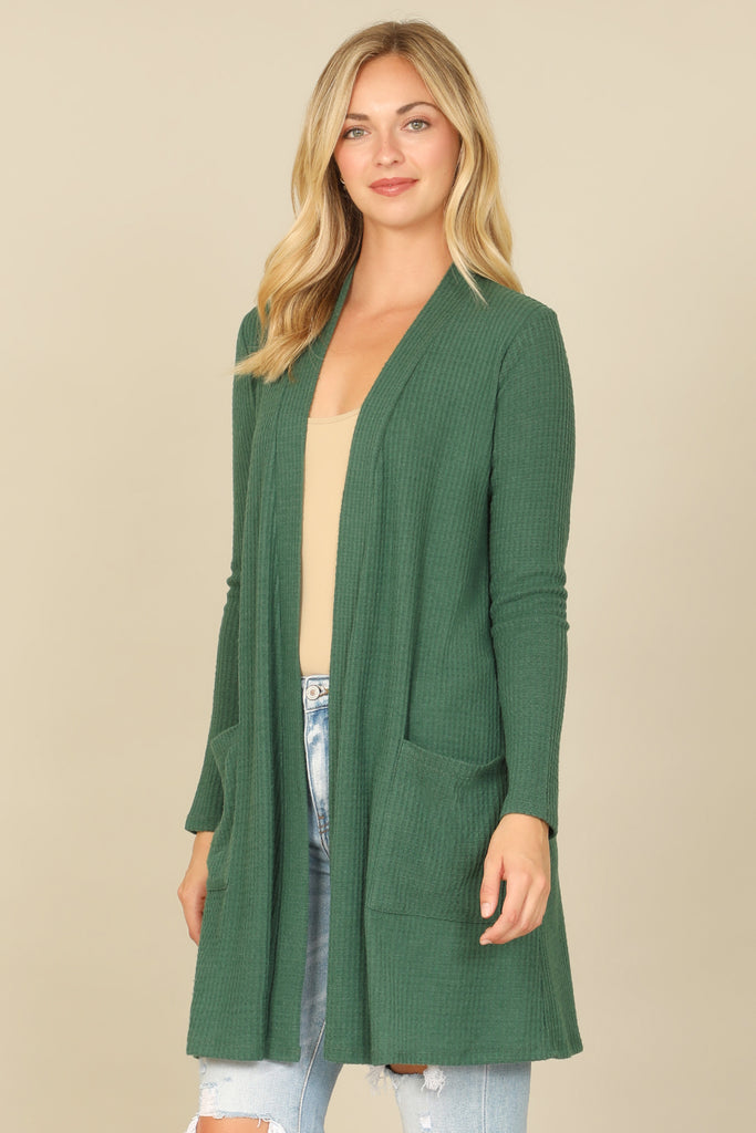 BRUSHED WAFFLE LONG SLEEVE SIDE POCKET OPEN FRONT CARDIGAN