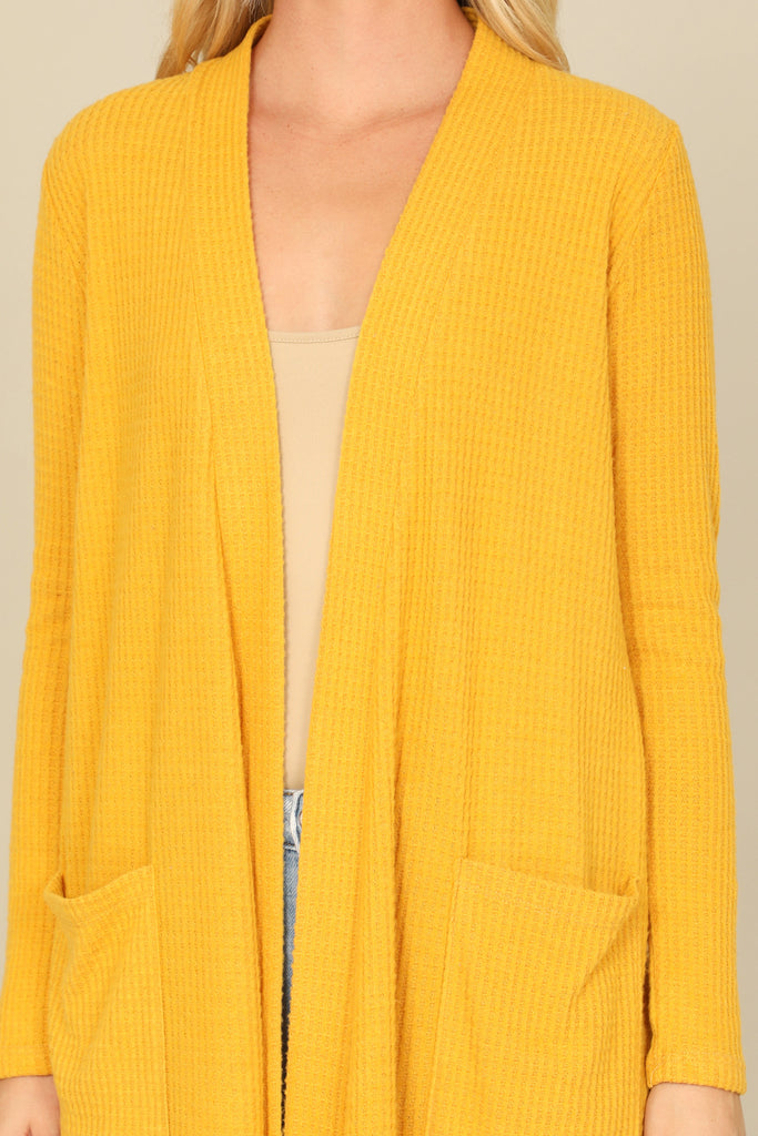 BRUSHED WAFFLE LONG SLEEVE SIDE POCKET OPEN FRONT CARDIGAN