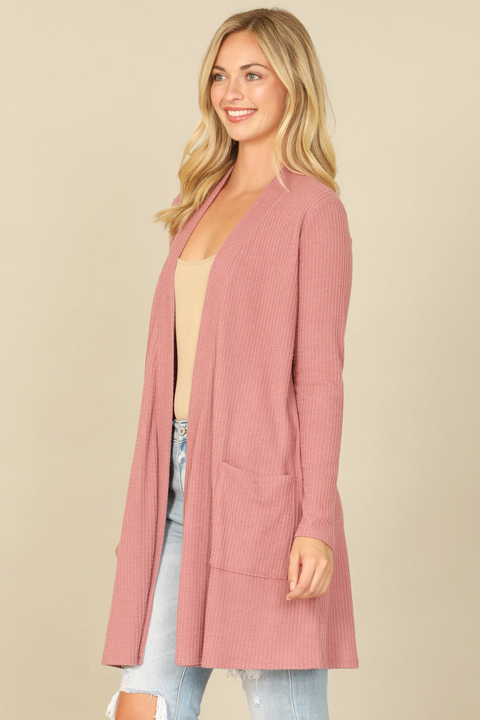 BRUSHED WAFFLE LONG SLEEVE SIDE POCKET OPEN FRONT CARDIGAN