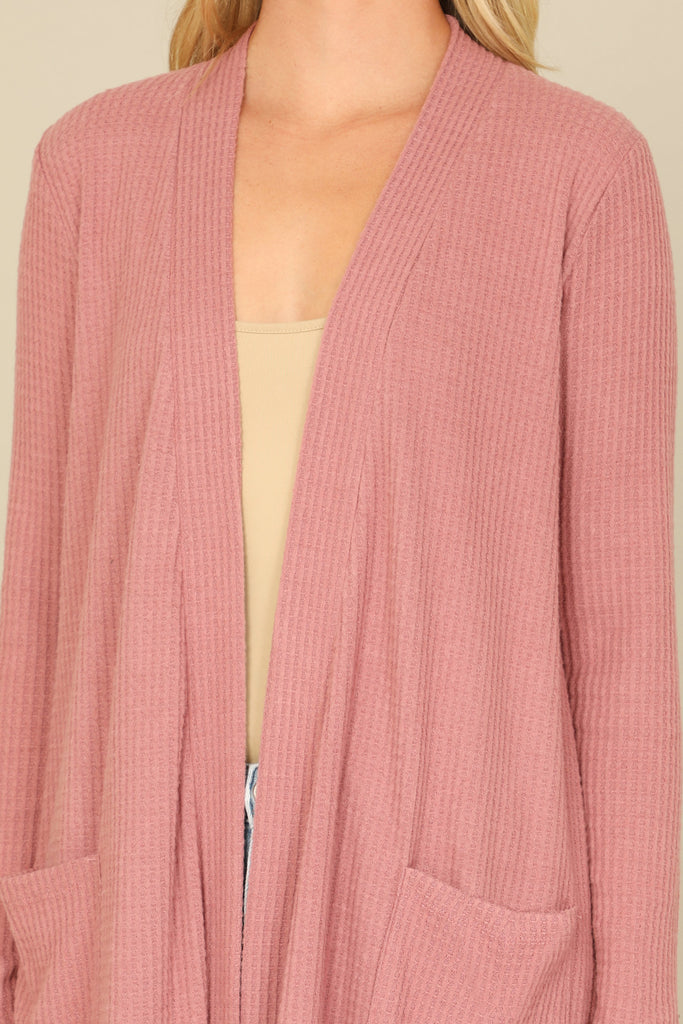 BRUSHED WAFFLE LONG SLEEVE SIDE POCKET OPEN FRONT CARDIGAN