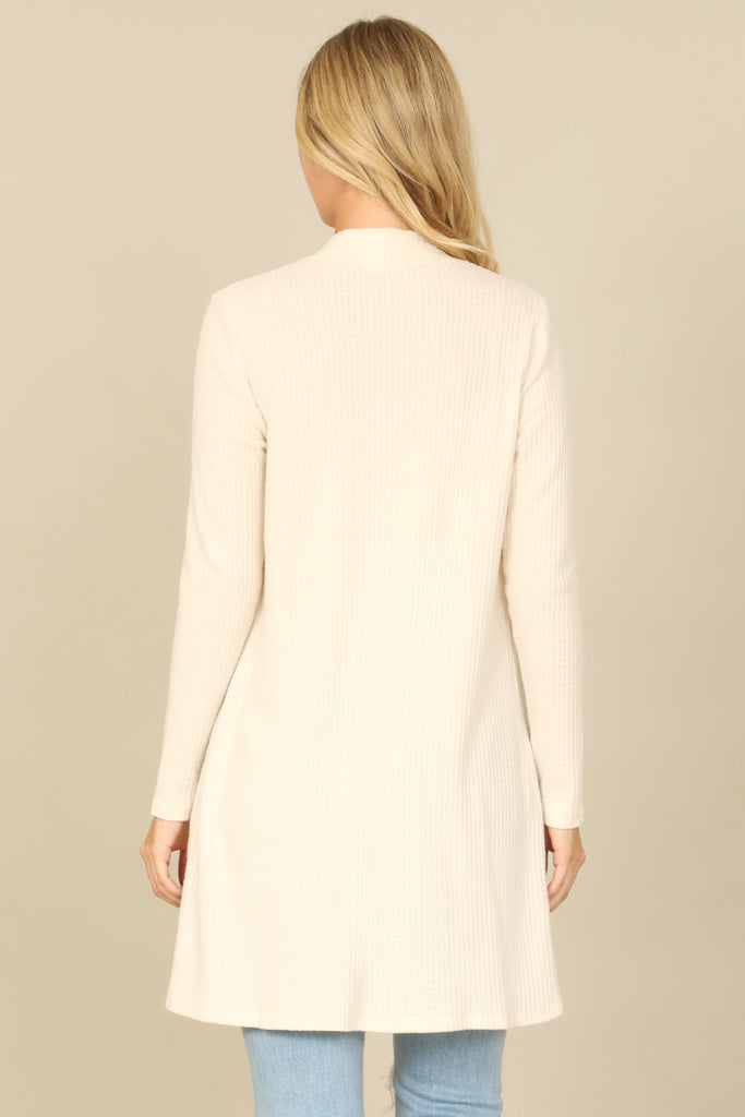 BRUSHED WAFFLE LONG SLEEVE SIDE POCKET OPEN FRONT CARDIGAN