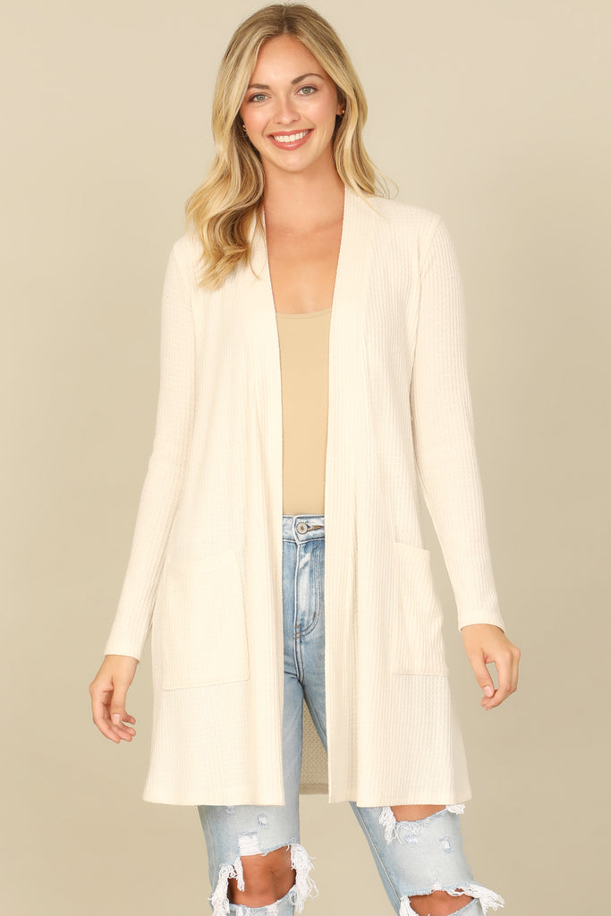 BRUSHED WAFFLE LONG SLEEVE SIDE POCKET OPEN FRONT CARDIGAN