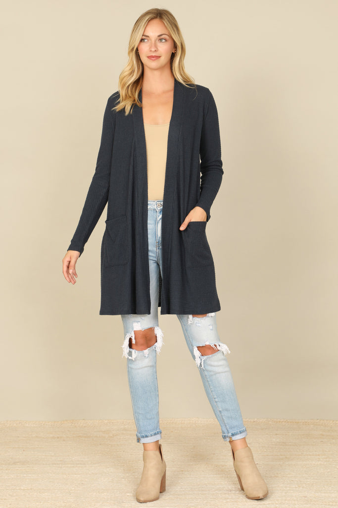BRUSHED WAFFLE LONG SLEEVE SIDE POCKET OPEN FRONT CARDIGAN