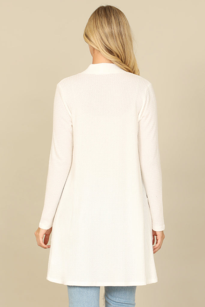 BRUSHED WAFFLE LONG SLEEVE SIDE POCKET OPEN FRONT CARDIGAN
