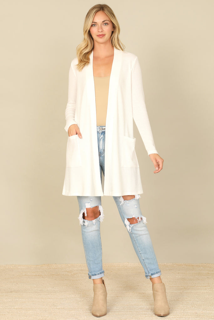 BRUSHED WAFFLE LONG SLEEVE SIDE POCKET OPEN FRONT CARDIGAN