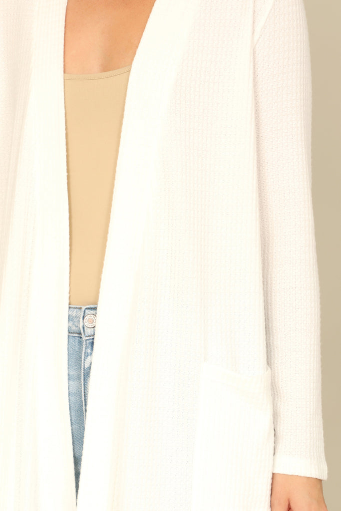 BRUSHED WAFFLE LONG SLEEVE SIDE POCKET OPEN FRONT CARDIGAN