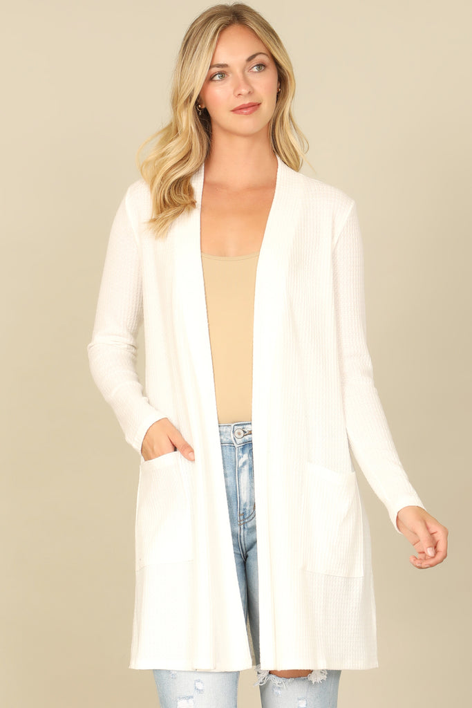 BRUSHED WAFFLE LONG SLEEVE SIDE POCKET OPEN FRONT CARDIGAN