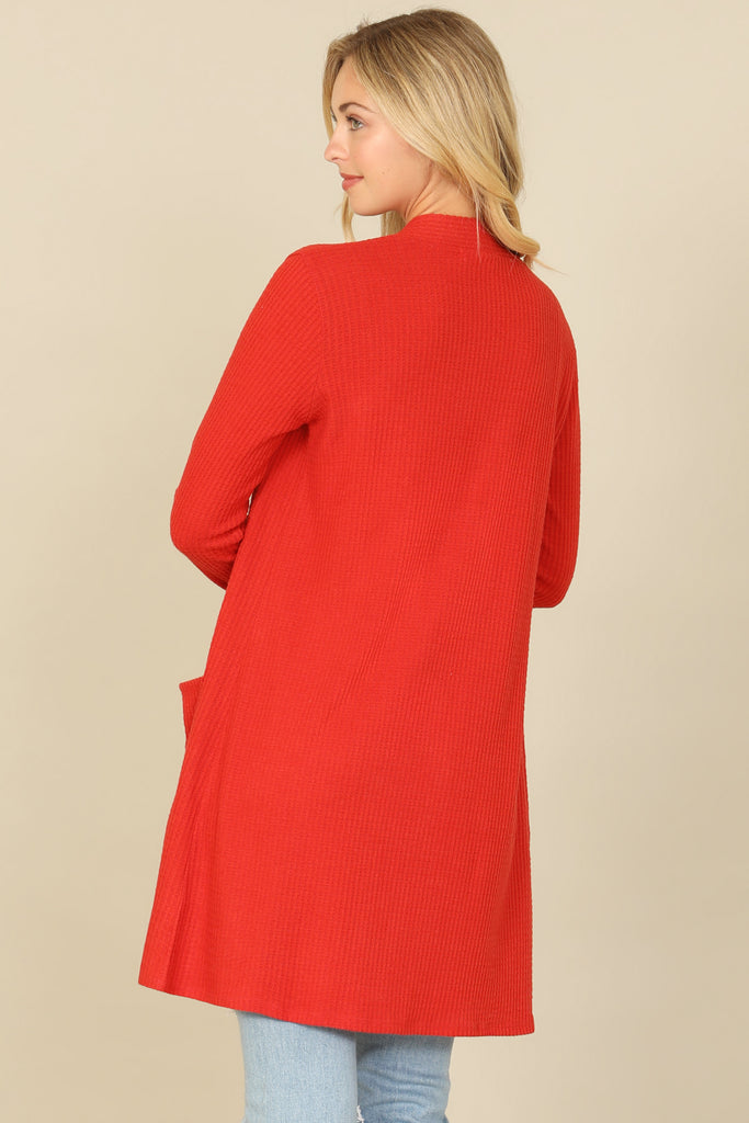 BRUSHED WAFFLE LONG SLEEVE SIDE POCKET OPEN FRONT CARDIGAN