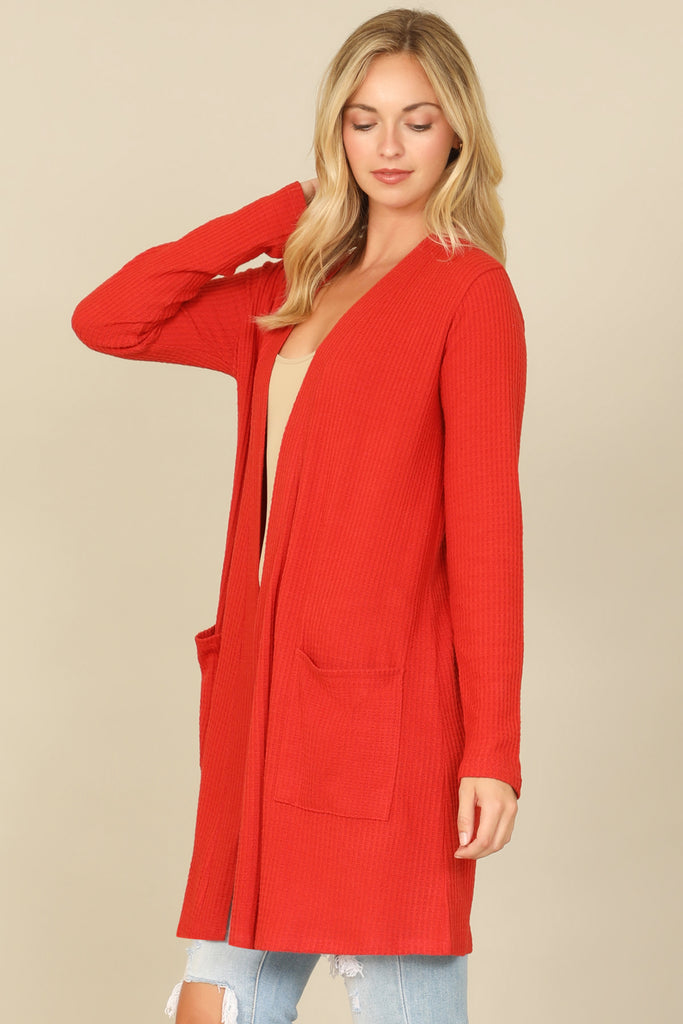 BRUSHED WAFFLE LONG SLEEVE SIDE POCKET OPEN FRONT CARDIGAN