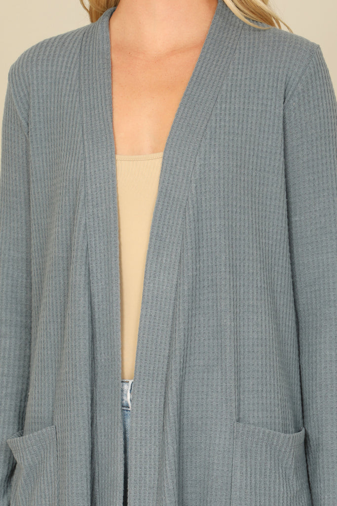 BRUSHED WAFFLE LONG SLEEVE SIDE POCKET OPEN FRONT CARDIGAN