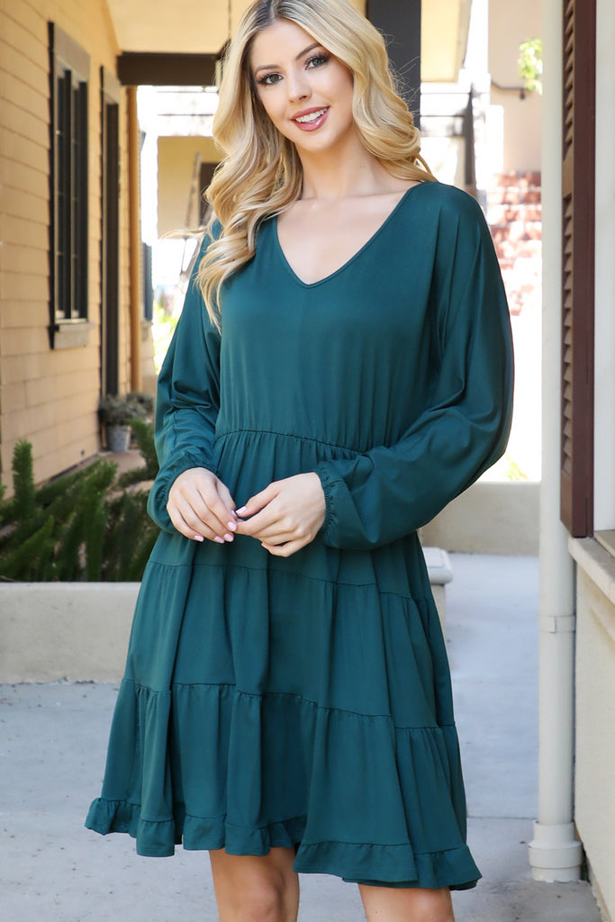 Solid Long Sleeve Tiered Ruffle Dress