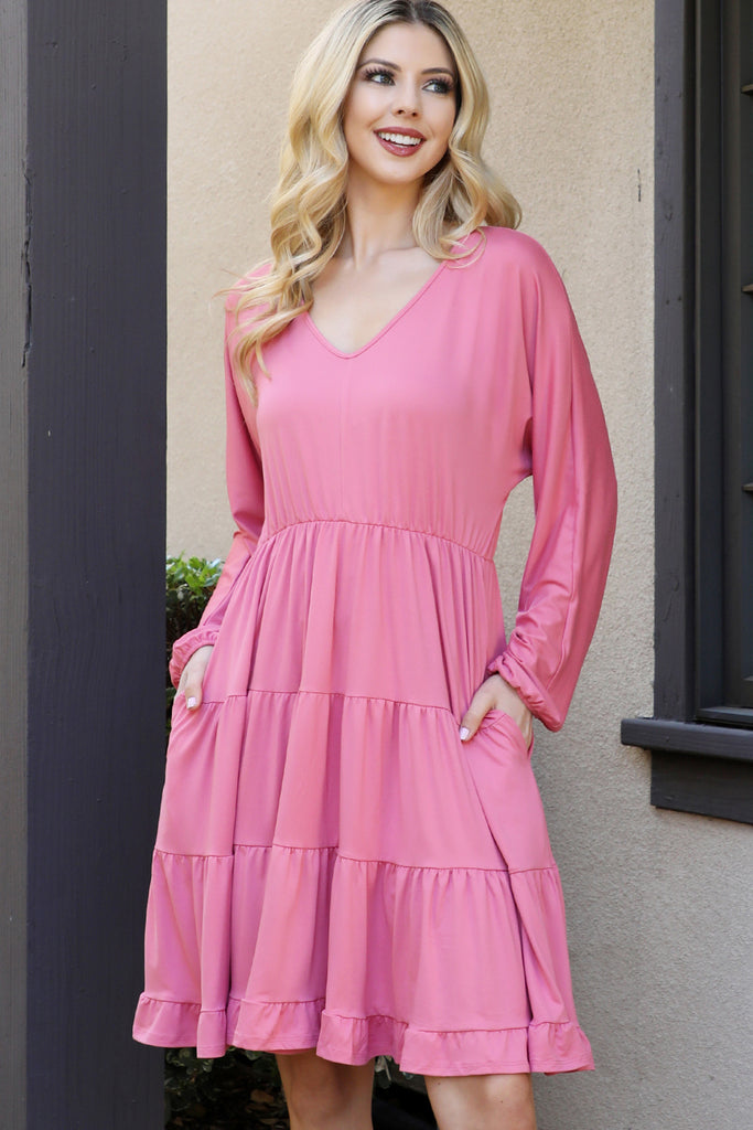 Solid Long Sleeve Tiered Ruffle Dress