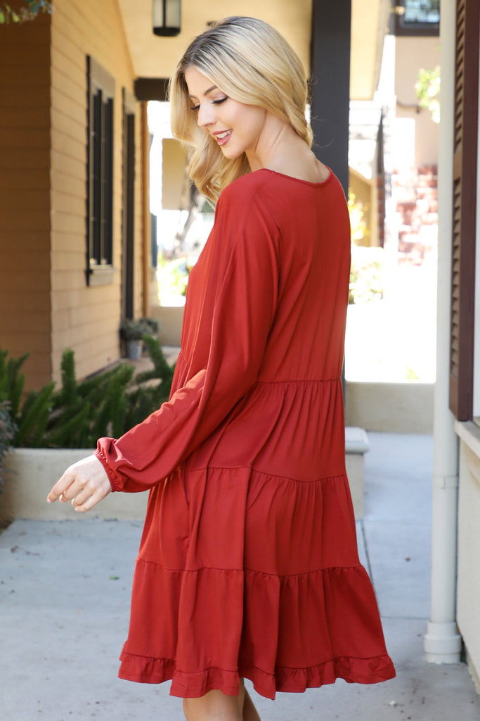 Solid Long Sleeve Tiered Ruffle Dress