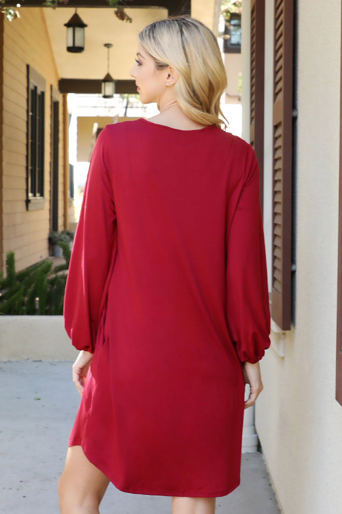 Solid V-Neck Tunnel Long Sleeve Dress