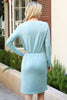Solid Long Sleeve Ribbon Elastic Waist Dress