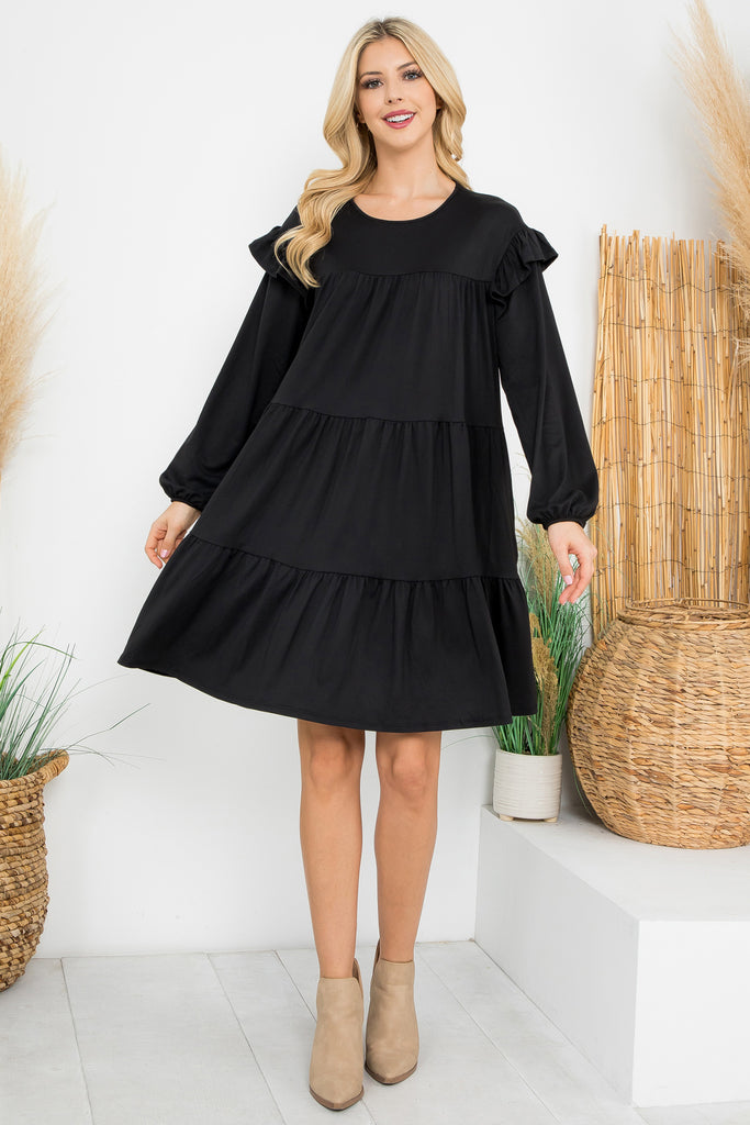 Long Sleeve Ruffle Detail Solid Dress