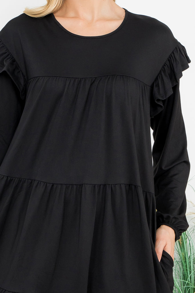 Long Sleeve Ruffle Detail Solid Dress