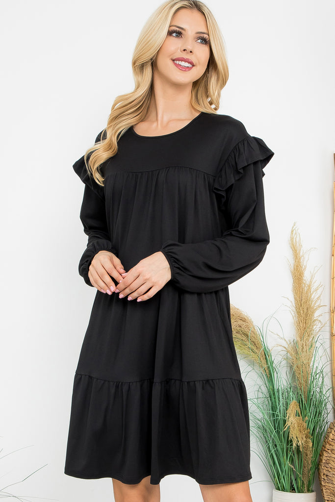 Long Sleeve Ruffle Detail Solid Dress