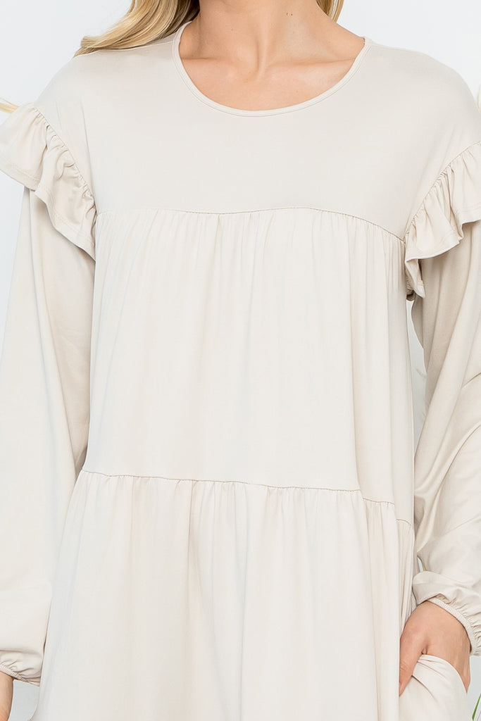 Long Sleeve Ruffle Detail Solid Dress