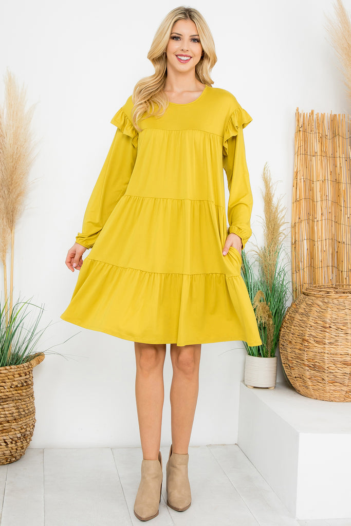 Long Sleeve Ruffle Detail Solid Dress