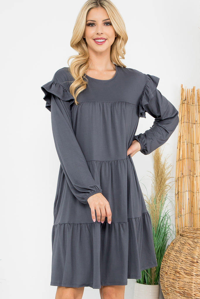 Long Sleeve Ruffle Detail Solid Dress