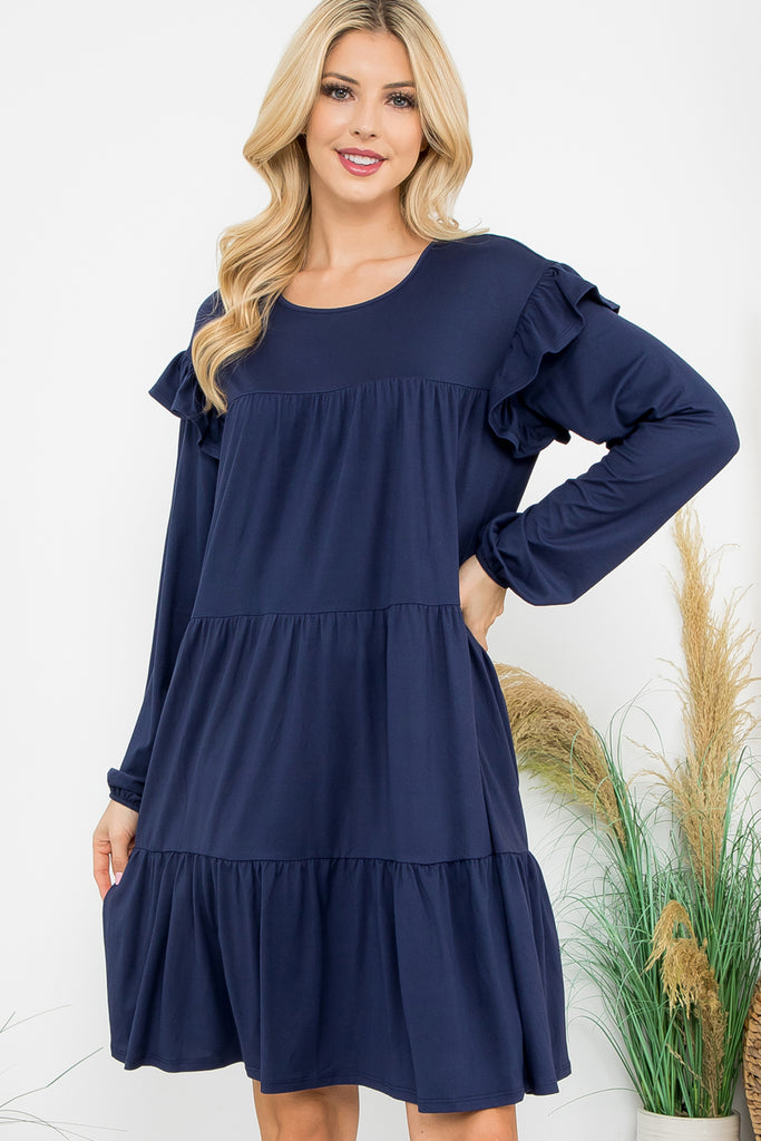 Long Sleeve Ruffle Detail Solid Dress