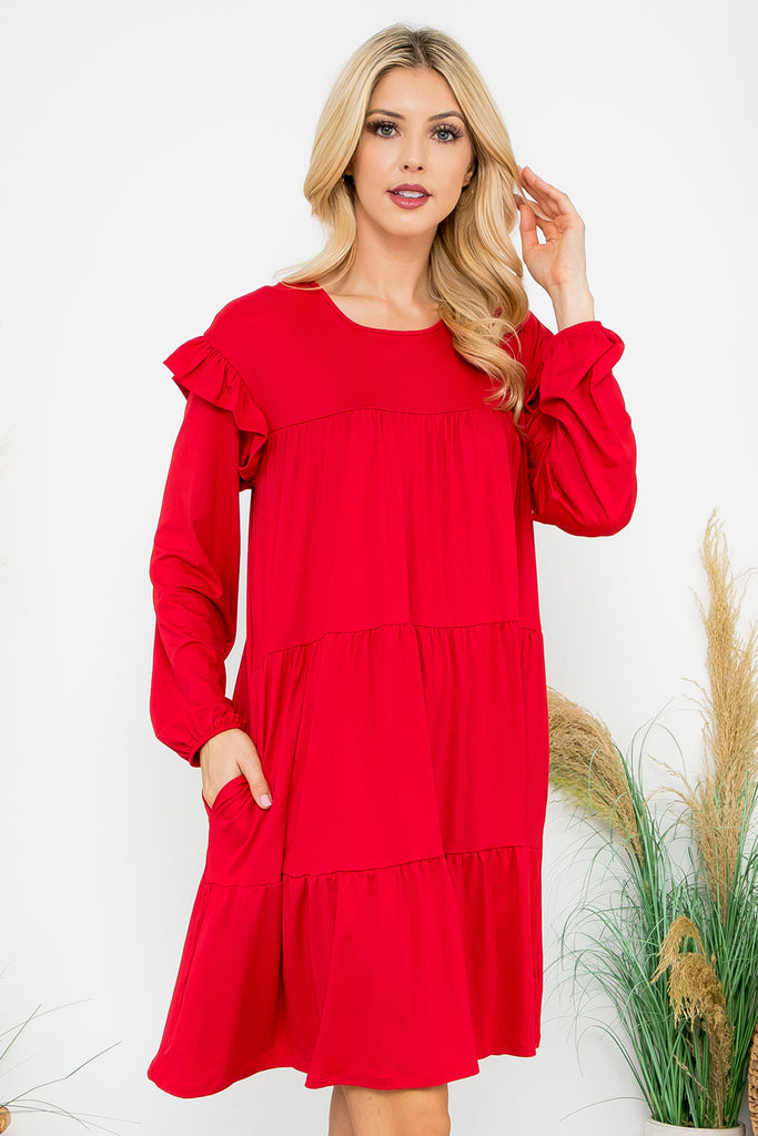 Long Sleeve Ruffle Detail Solid Dress