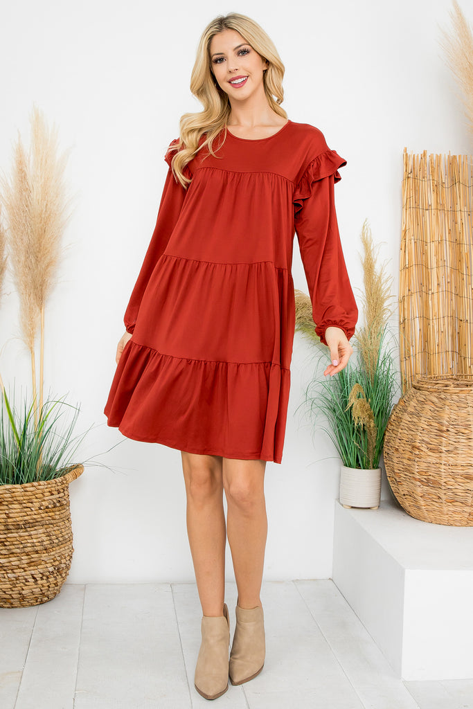 Long Sleeve Ruffle Detail Solid Dress