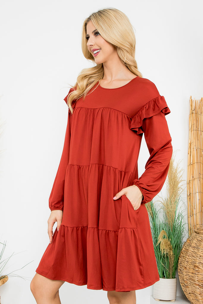 Long Sleeve Ruffle Detail Solid Dress