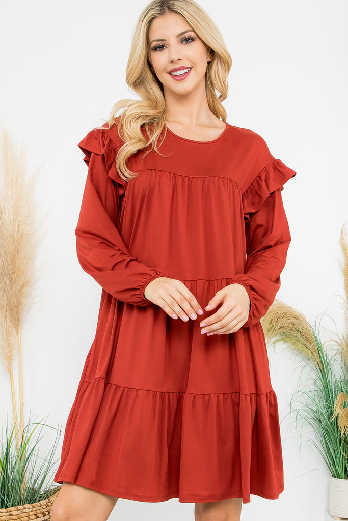 Long Sleeve Ruffle Detail Solid Dress