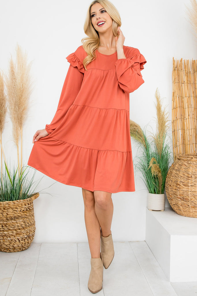 Long Sleeve Ruffle Detail Solid Dress