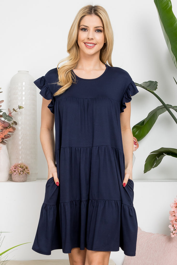 Wide Sleeve Elbow Shirring Detail Solid Dress