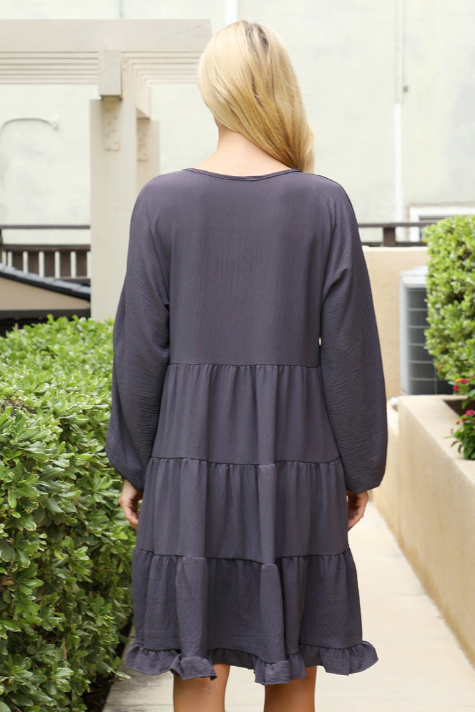 Woven Puff Sleeve V-Neck Elastic Waist Tiered Dress