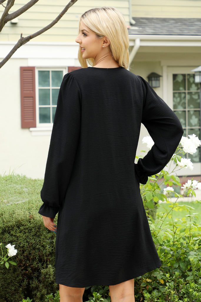 Collared Neckline Woven Long Sleeve Dress