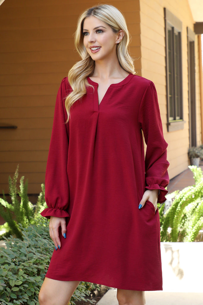 Collared Neckline Woven Long Sleeve Dress