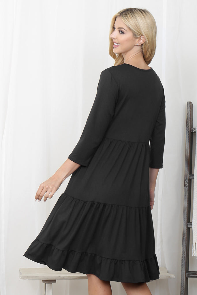 3/4 Sleeve Tiered Solid Dress