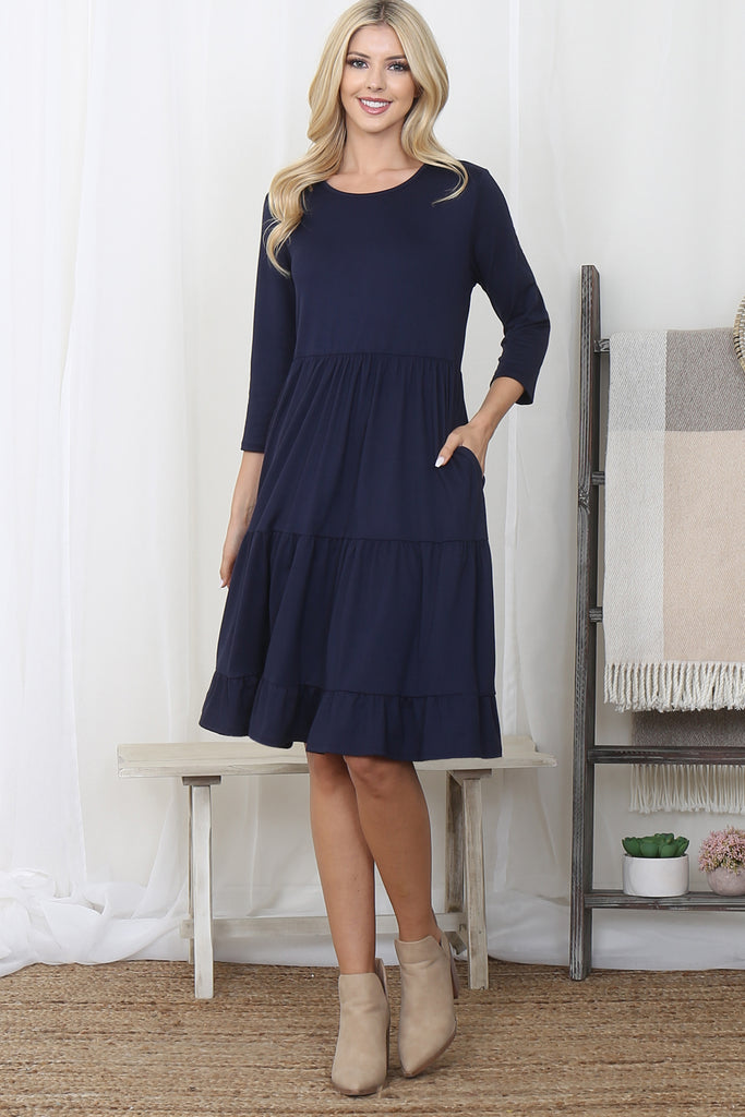 3/4 Sleeve Tiered Solid Dress