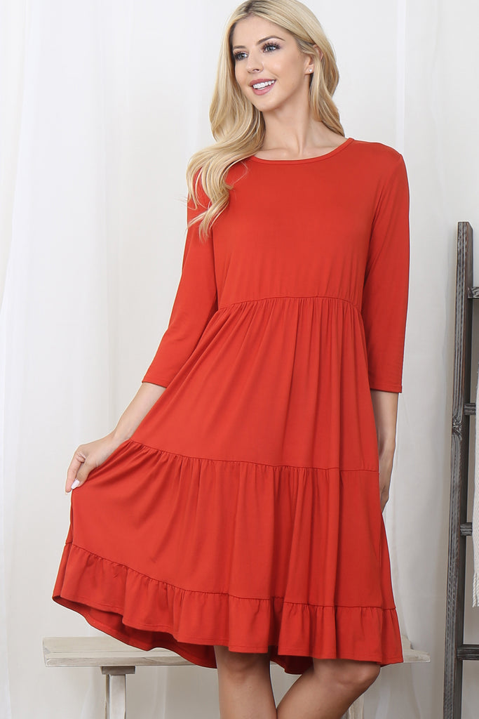 3/4 Sleeve Tiered Solid Dress