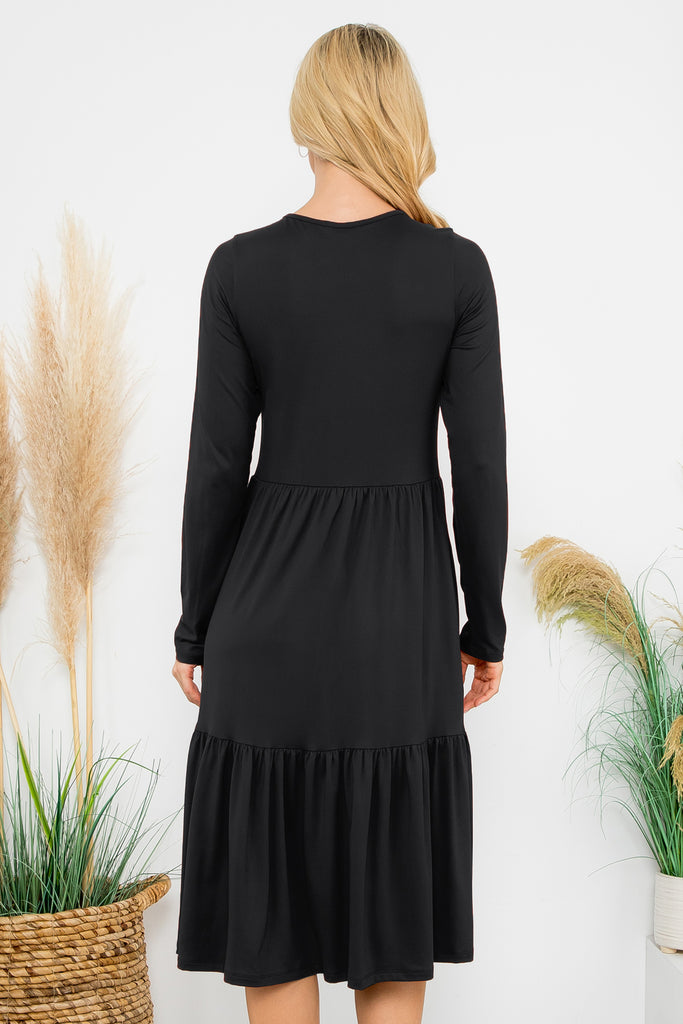 Solid Long Sleeve Tiered Pocket Dress