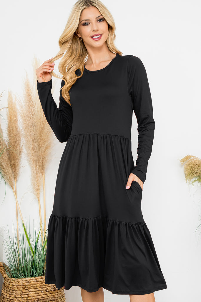 Solid Long Sleeve Tiered Pocket Dress