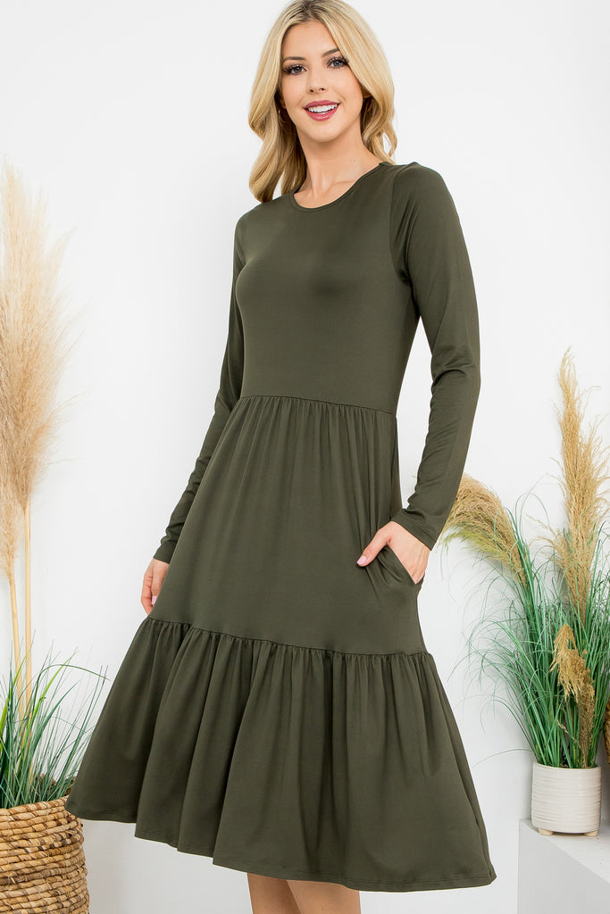 Solid Long Sleeve Tiered Pocket Dress